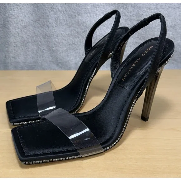 Good American Heels Womens 8.5 Open Square Toe Sling Back Crystal‎ GA120KD - Picture 2 of 13